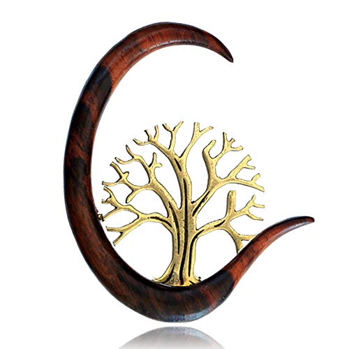 Holz dunkelbraun Piercing Hook Brass gold Baum des Lebens Dehnspirale Dehnschnecke| Tribal Handarbeit Lobe Expander Damen Herren Flesh Dehner Ohrring Sichel Spiralen antik Lebensbaum Baum 04 mm links von CHICNET