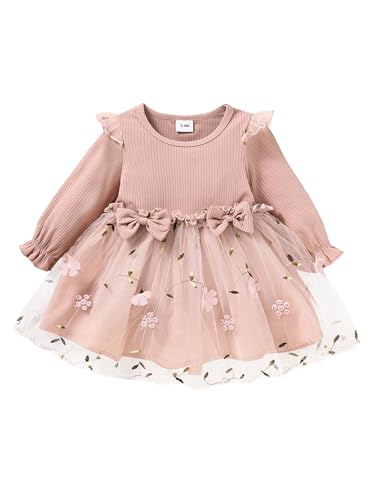 CHICTRY Baby Mädchen Strickkleid Rüschen Langarm Partykleid Hochzeit Taufe Kleider Mit Schleife Und Blumenspitze Tüll Schicht Prinzessin Geburtstag Outfit Rosa 68-74 von CHICTRY