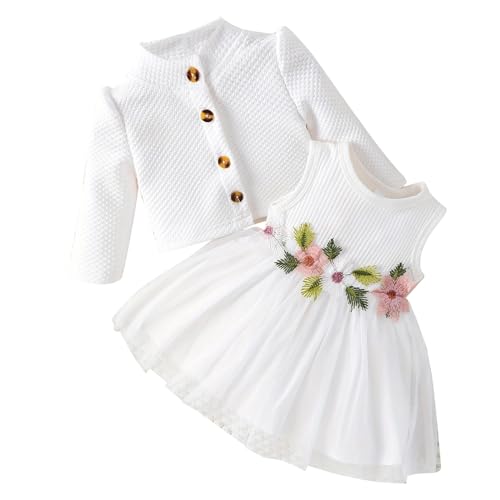 CHICTRY Baby Mädchen Taufkleid Mit Strickjacke Kinder Taufanzug Ärmellos Partykleid Festlich Einfarbig Abendkleid Blumenspitze Cardigan Jacke Lang Outfits Weiß F 74-80 von CHICTRY