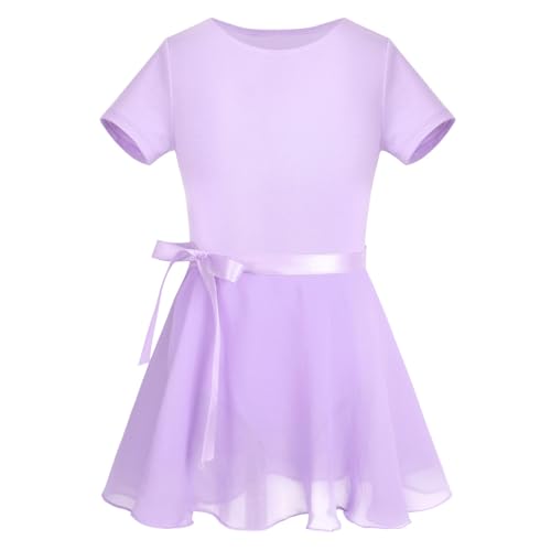 CHICTRY Ballettkleid Mädchen Kurzarm Ballett Trikot Baumwolle Ballettanzug Kinder Ballettkleidung Set mit Chiffon Rock Gr. 92-152 Lavender 122-128 von CHICTRY