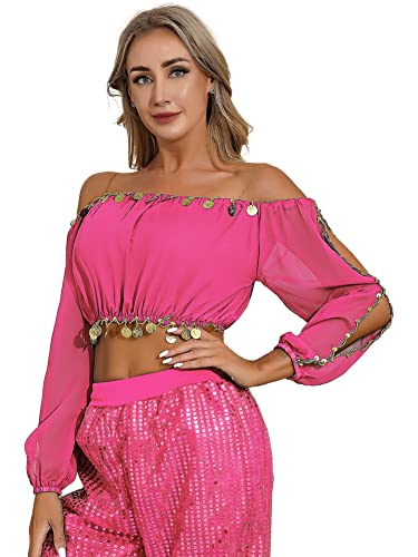 CHICTRY Bauchtanz Kostüm Damen Oberteil Bauchfrei Tanz Shirt Top Schulterfrei Tunika Bluse Mit Münzen Quasten Belly Dance Outfit Hot Pink Einheitsgröße von CHICTRY