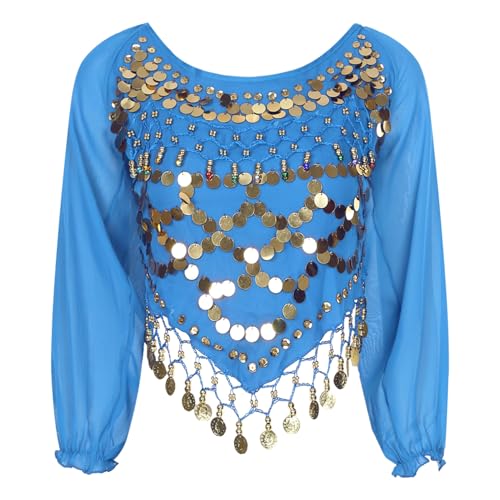 CHICTRY Pailletten Bauchtanz Oberteil Damen Glänzend Tanz Tshirt Chiffon Ärmel Bluse Münzen Perlen Kurz Top Zum Binden Hinten Dancewear Himmelblau A Einheitsgröße CHICTRY Pailletten Bauchtanz Oberteil Damen Glänzend Tanz Tshirt Chiffon Ärmel Bluse Münzen Perlen Kurz Top Zum Binden Hinten Dancewear Himmelblau A Einheitsgröße von CHICTRY