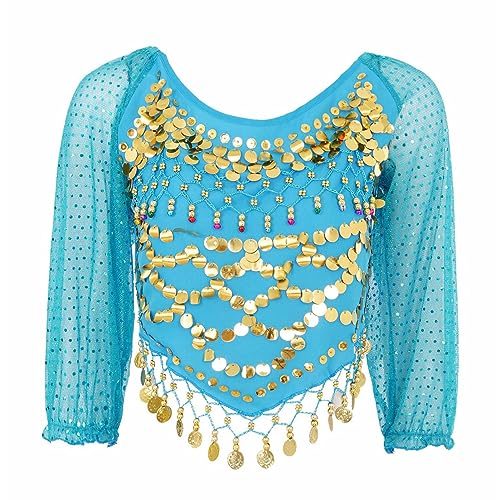 CHICTRY Pailletten Bauchtanz Oberteil Damen Glänzend Tanz Tshirt Chiffon Ärmel Bluse Münzen Perlen Kurz Top Zum Binden Hinten Dancewear Himmelblau Einheitsgröße CHICTRY Pailletten Bauchtanz Oberteil Damen Glänzend Tanz Tshirt Chiffon Ärmel Bluse Münzen Perlen Kurz Top Zum Binden Hinten Dancewear Himmelblau Einheitsgröße von CHICTRY