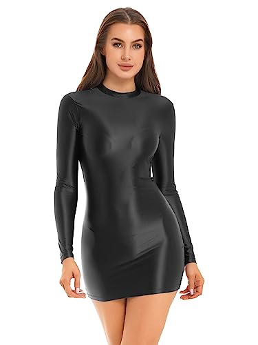 CHICTRY Bodycon Kleid Damen Langarm Glossy Partykleid Eng Stretch Öl Glänzend Unterkleid Figurbetonte Abendkleid Erotisch Nachtwäsche Schwarz L von CHICTRY