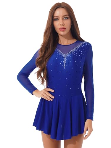 CHICTRY Ballettkleid Damen Langarm Strass Eiskunstlauf Kleid Glitzer Mesh Patchwork Gymnastik Body Cut Out Trikot Wettbewerb Perforance Bekleidung Royal Blau S von CHICTRY