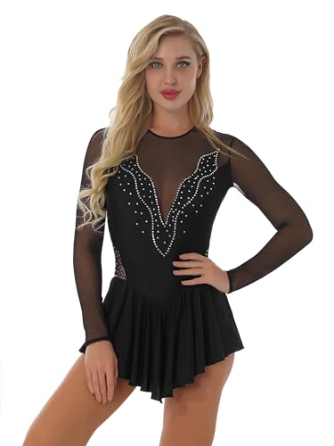 CHICTRY Eiskunstlauf Kleid Damen Langarm Strass Glitzer Tanzkleid Cut Out Ballett Body Patchwork Trikot Mit Asymetrisch Rock Tanzrock Dancewear Schwarz L von CHICTRY