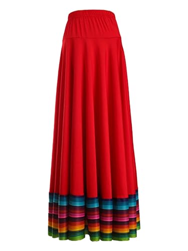 CHICTRY Damen Flamenco Dance Lange Rock Maxirock Tanzrock Faltenrock Tango Latein Walzer Bauchtanz Ballroom Wettbewerb Kostüm Rot C XXL von CHICTRY