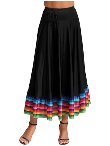 CHICTRY Damen Flamenco Dance Lange Rock Maxirock Tanzrock Faltenrock Tango Latein Walzer Bauchtanz Ballroom Wettbewerb Kostüm Schwarz C 3XL von CHICTRY