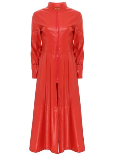 CHICTRY Damen Herren PVC Leder Trenchcoat Jacke Mit Reißverschluss Sexy Kleid Body Clubwear Langer Lack Mantel Disco Dj Nachtclub Kostüm Rot 5XL von CHICTRY