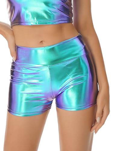 CHICTRY Damen Metallic Hotpants Glänzende Shorts mit hoher Taille Eng Anliegende Kurze Hose für Tanz Sport Disco Fasching Karneval Kostüm Blau&Lila A XL von CHICTRY