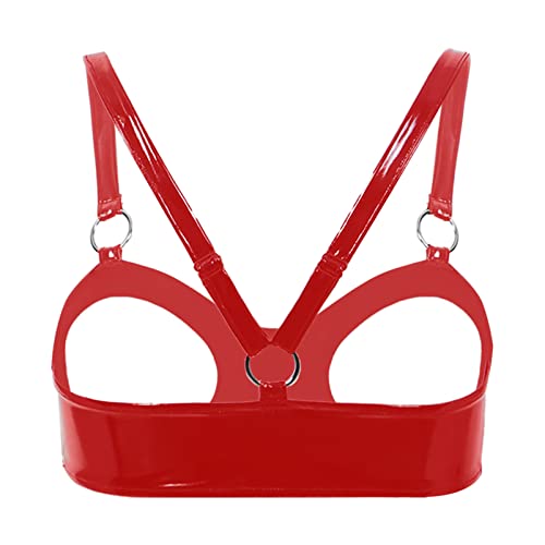 CHICTRY Damen Ouvert BH Push Up Sexy Offen Latex Leder Hebe Bra Büstenhebe Bustier Brustfrei Dessous Lingerie Bikini Oberteil Gogo Clubwear Rot H 4XL von CHICTRY