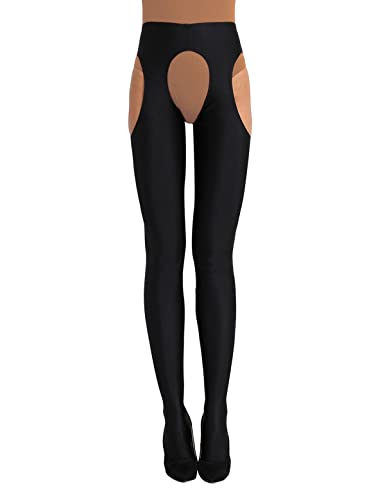 CHICTRY Damen Ouvert-Strumpfhose Glanz Legging Smooth lang Pantyhose Crotchless Bodystockings Babydoll Erotik Dessous Pants mit Offenem Schritt Schwarz M von CHICTRY