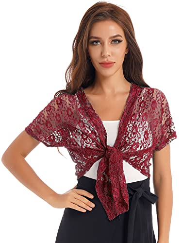 CHICTRY Damen Transparent Bolero Spitzen Jacke Festlich Kurz Blumenmuster Cardigan Kurzarm Jäckchen Zum Binden Vorne Für Hochzeit Cocktailkleid Burgundy One Size von CHICTRY