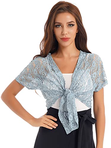 CHICTRY Damen Transparent Bolero Spitzen Jacke Festlich Kurz Blumenmuster Cardigan Kurzarm Jäckchen Zum Binden Vorne Für Hochzeit Cocktailkleid Grau One Size von CHICTRY