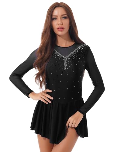 CHICTRY Eiskunstlauf Kleid Damen Glitzer Strass Langarm Ballettkleid Mesh Patchwork Trikot Turnanzug Mit Asymmetrisch Rock Tanzkleid Wettbewerb Kostüm Schwarz C L von CHICTRY