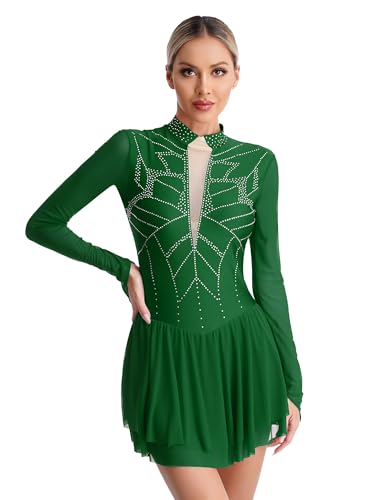 CHICTRY Damen Langarm Eiskunstlauf Kleid Strass Glitzer Ballettkleid Mesh Patchwork Trikot Stehkragen Leotard Mit Asymmetrisch Rock Wettbewerb Kostüm Dunkelgrün S von CHICTRY