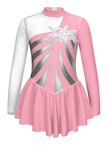 CHICTRY Strass Glitzer Eiskunstlauf Kleid Kinder Mädchen Langarm Ballettkleid Metallic Patchwork Ballett Trikot Mit Ballettrock Ballerinas Kostüm Rosa 122-128 von CHICTRY