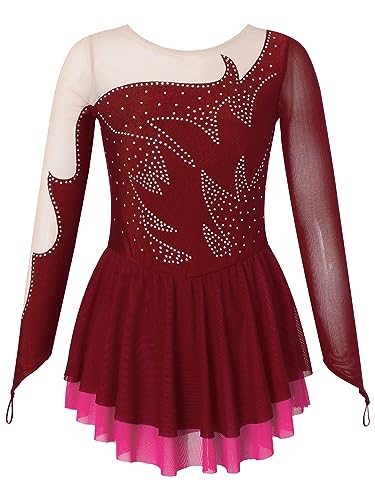 CHICTRY Eiskunstlauf Kleid Mädchen Kinder Langarm Ballettkleid Strass Glitzer Tanzkleid Mit Asymetrisch Rock Tanzrock Wettbewerb Tanzkleidung Burgundy 146-152 von CHICTRY