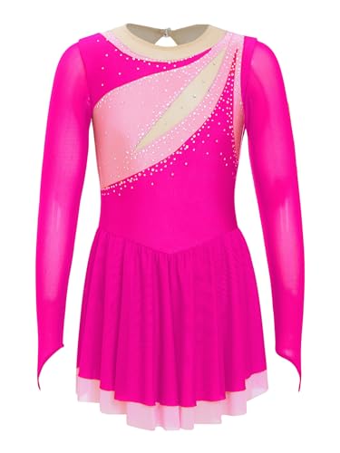 CHICTRY Eiskunstlauf Kleid Mädchen Langarm Patchwork Ballettkleid Glitzer Ballett Trikot Leotard Mit Wickelrock Ballettrock Wettbewerb Kostüm Bekleidung H Hot Pink 110-116 von CHICTRY