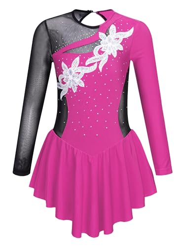 CHICTRY Kinder Mädchen Langarm Eiskunstlauf Kleid Strass Glitzer Ballettkleid Patchwork Ballett Trikot Leotard Mit Wickelrock Dancewear Hot Pink 110-116 von CHICTRY