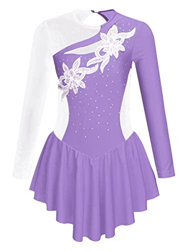 CHICTRY Eiskunstlauf Kleid Mädchen Langarm Patchwork Ballettkleid Glitzer Ballett Trikot Leotard Mit Wickelrock Ballettrock Wettbewerb Kostüm Bekleidung Lavender C 158-164 von CHICTRY