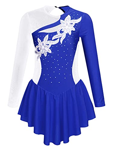 CHICTRY Kinder Mädchen Langarm Eiskunstlauf Kleid Strass Glitzer Ballettkleid Patchwork Ballett Trikot Leotard Mit Wickelrock Dancewear Royal Blau 134-140 von CHICTRY