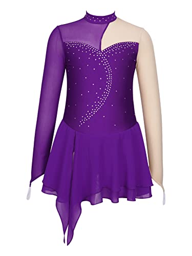 CHICTRY Eiskunstlauf Kleid Mädchen Langarm Patchwork Ballettkleid Glitzer Ballett Trikot Leotard Mit Wickelrock Ballettrock Wettbewerb Kostüm Bekleidung Violett 122-128 von CHICTRY