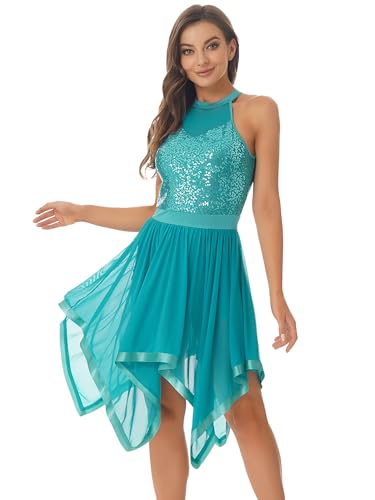 CHICTRY Glitzer Pailletten Ballettkleid Damen ärmellos Latein Tanzkleid Standard Cut Out Ballett Body Mit Unregelmäßig Rock Ballerina Kleid Partykleid Festlich Grün XL von CHICTRY