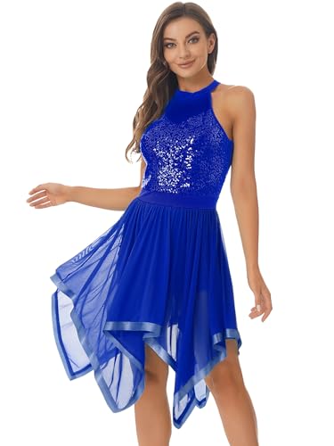 CHICTRY Glitzer Pailletten Ballettkleid Damen ärmellos Latein Tanzkleid Standard Cut Out Ballett Body Mit Unregelmäßig Rock Ballerina Kleid Partykleid Festlich Royal Blau XL von CHICTRY