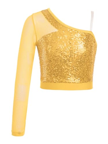 CHICTRY Glitzer Shirt Mädchen Pailletten Oberteil Mit EIN Ärmel Mesh Patchwork Tanz Top T-Shirt Bauchfrei Unterhemd Party Bühnenauftritt Performance Gold 122-128 CHICTRY Glitzer Shirt Mädchen Pailletten Oberteil Mit EIN Ärmel Mesh Patchwork Tanz Top T-Shirt Bauchfrei Unterhemd Party Bühnenauftritt Performance Gold 122-128 von CHICTRY