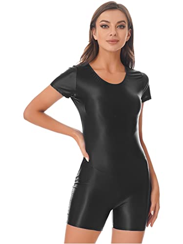 CHICTRY Glossy Body Mit Bein Damen Bauchweg Kurzarm Catsuit Sport Öl Glänzend Overall Jumpsuit Sommer Kurz Gogo Tanz Rave Outfits Schwarz L von CHICTRY