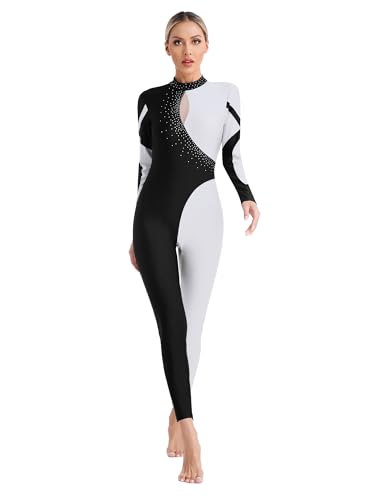 CHICTRY Damen Langarm Gymnastikanzug Ganzkörper Ganzkörperanzug Strass Glitzer Ballett Body Patchwork Trikot Cut Out Leotard Ballerinas Kostüm Weiß M von CHICTRY