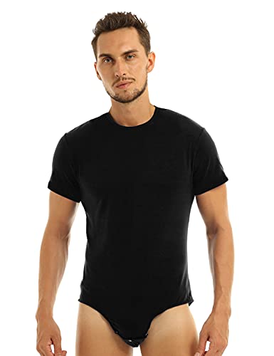 CHICTRY Herren Bodysuit Einteiler Overall Kurzarm Trikot Leotard Stretch Muskelshirt Einfarbig Shorts Mit Druckknöpfen Männer Sportbody Gymnastik XX Schwarz M von CHICTRY