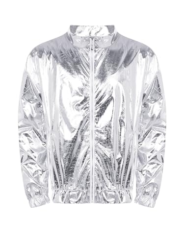 CHICTRY Herren Damen Metallic Jacke 70er Jahre Disco Party Varsity Jacke Retro Hip Hop Baseball Bomber Jacket Freizeitjacke Clubwear Silber A M von CHICTRY