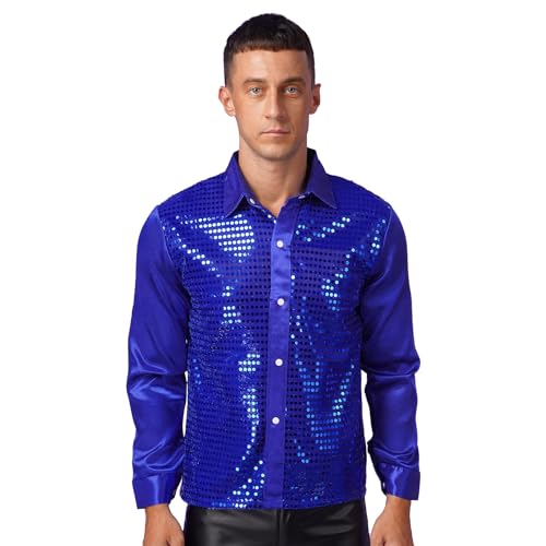 CHICTRY Pailletten Hemd Herren Langarm Reverskragen Freizeithemd Button Down Slim Fit Stretch Party Disco Oberteil Fasching Karneval Verkleidung Blau M von CHICTRY