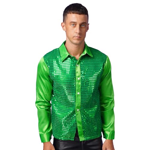 CHICTRY Pailletten Hemd Herren Langarm Reverskragen Freizeithemd Button Down Slim Fit Stretch Party Disco Oberteil Fasching Karneval Verkleidung Grün L von CHICTRY