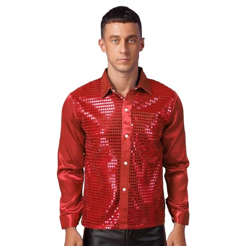 CHICTRY Pailletten Hemd Herren Langarm Reverskragen Freizeithemd Button Down Slim Fit Stretch Party Disco Oberteil Fasching Karneval Verkleidung Rot L von CHICTRY