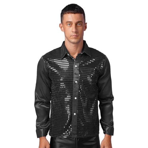 CHICTRY Pailletten Hemd Herren Langarm Reverskragen Freizeithemd Button Down Slim Fit Stretch Party Disco Oberteil Fasching Karneval Verkleidung Schwarz M von CHICTRY