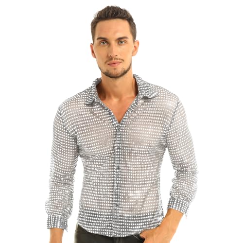 CHICTRY Herren Pailletten Hemd 70er Langarm Disco Party Kostüm Reverskragen Freizeithemd Langarm Männer Unterhemd Button Down Slim Fit Silvester Outfit Silber M von CHICTRY