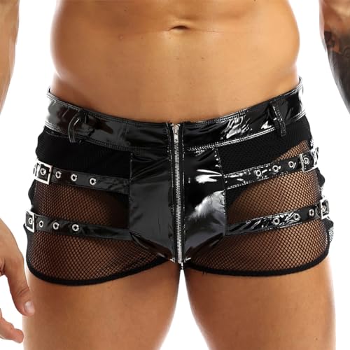 CHICTRY Herren Wetlook Leder Boxershorts Mit Eingriff Stretch Boxer Briefs Leder Shorts Sexy Bulge Pouch Unterhose Dessous Unterwäsche Lederhose Pants Schwarz C M von CHICTRY