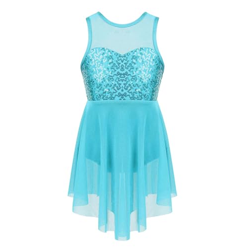 CHICTRY Kinder Mädchen Ballettkleid Pailletten Glitzer Tanzkleid Lyrisch Ärmellos Ballettanzug Mit Asymetrisch Chiffon Rock Wettbewerb Tanzkostüm Hellblau 134-140 von CHICTRY