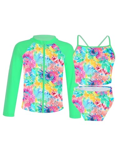 CHICTRY Kinder Mädchen 3tlg Badeanzug Set Langarm Schwimmshirt + Bikini Oberteil + Badeshorts Bikinihose UV Schutz Schwimmanzug Beachwear Bunt 122-128 von CHICTRY