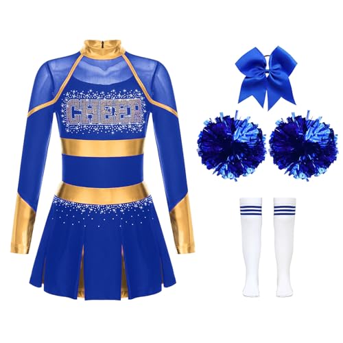 CHICTRY Kinder Mädchen Cheer Leader Kostüm Langarm Cheerleading Kleid Metallic Patchwork Tanzkleid Mit Schleife Stirnband Strümpfe Handblumen Tanzkostüm A Blau 122-128 von CHICTRY