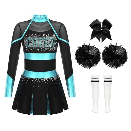 CHICTRY Kinder Mädchen Cheer Leader Kostüm Langarm Cheerleading Kleid Metallic Patchwork Tanzkleid Mit Schleife Stirnband Strümpfe Handblumen Tanzkostüm Blau, Grün und Weiß 110-116 von CHICTRY