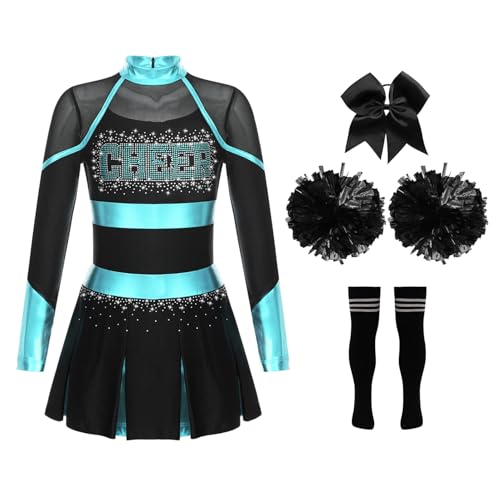 CHICTRY Kinder Mädchen Cheer Leader Kostüm Langarm Cheerleading Kleid Metallic Patchwork Tanzkleid Mit Schleife Stirnband Strümpfe Handblumen Tanzkostüm Blau Grün & Schwarz 146-152 von CHICTRY