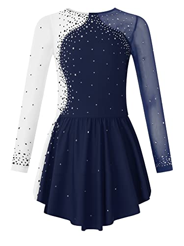 CHICTRY Kürkleider Eiskunstlauf Mädchen Strass Glitzer Kleid Rollkunstlauf Anzug Langarm Ballettanzug Patchwork Body Mit Asymetrisch Rock Tanzkostüm Navy Blau 110-116 von CHICTRY