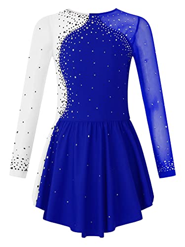 CHICTRY Kürkleider Eiskunstlauf Mädchen Strass Glitzer Kleid Rollkunstlauf Anzug Langarm Ballettanzug Patchwork Body Mit Asymetrisch Rock Tanzkostüm Royal Blau 110-116 von CHICTRY