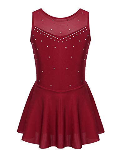 CHICTRY Mädchen Ballettanzug mit Röckchen Ärmellos Eislaufkleid Training Strass Glitzer Tanzkleid Süß Patchwork Turnanzug Mit Wickelrock Dancewear Burgundy 146-152 von CHICTRY