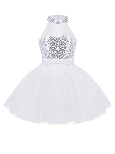 CHICTRY Mädchen Ballettkleid Kinder Ärmellos Ballett Tutu Kleid Pailletten Glitzer Trikots Leotards Mit Mesh Tüll Ballettrock Wickelrock Dancewear Gr. 104-152 A Weiß 140-152 von CHICTRY