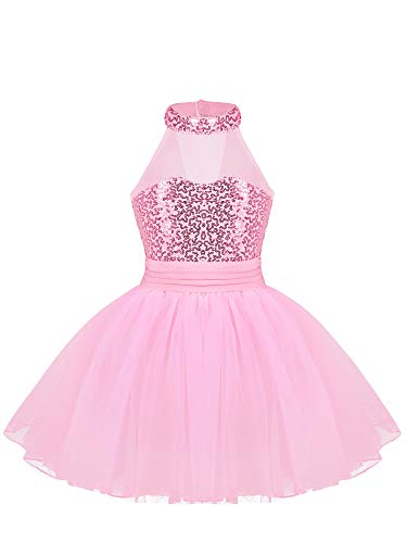 CHICTRY Mädchen Ballettkleid Kinder Ärmellos Ballett Tutu Kleid Pailletten Glitzer Trikots Leotards Mit Mesh Tüll Ballettrock Wickelrock Dancewear Gr. 104-152 Rosa 122-128 von CHICTRY